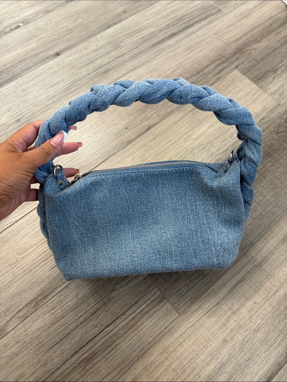 Denim Braided Handle Shoulder Bag - Light Blue